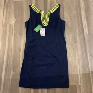 NWT! Lilly Pulitzer Blair Navy Blue Shift with Neon Yellow beads. Size 12